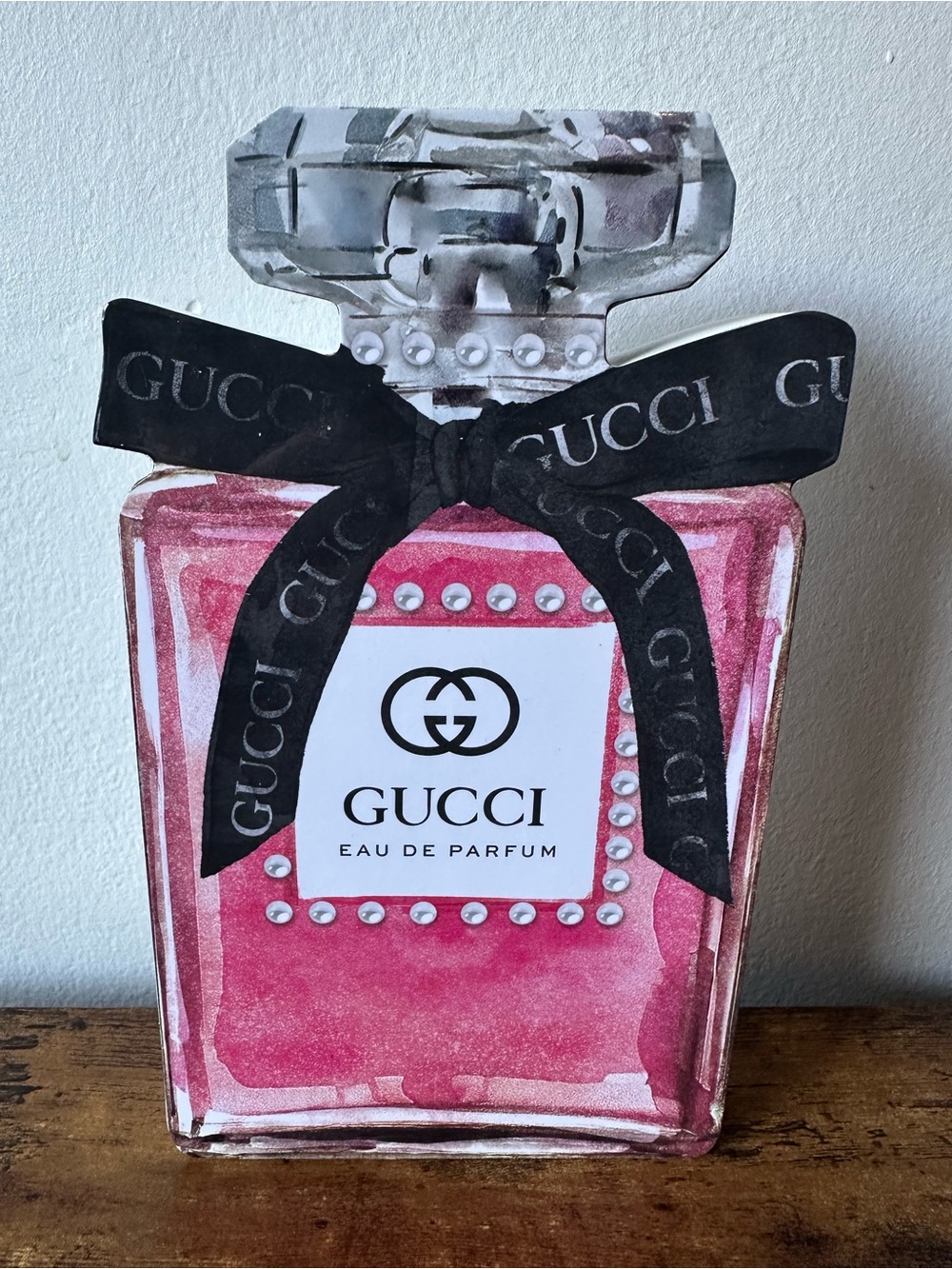 Luxury Perfume Bottle Home Decor Pink with Black Bow Design Wooden Decoration - Picture 4 of 5